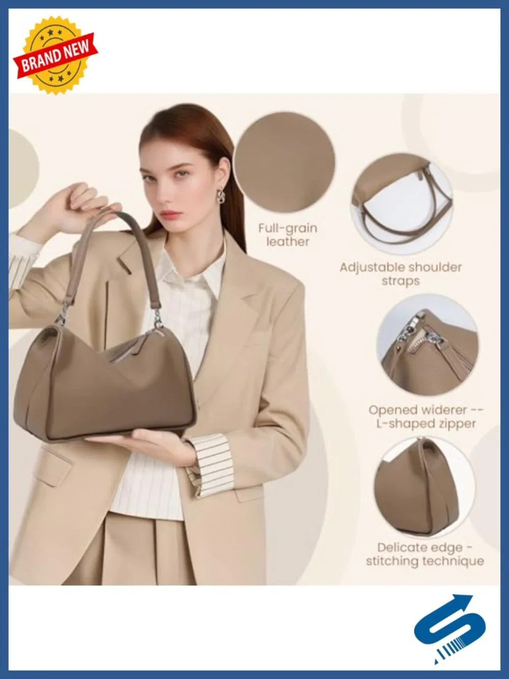 Women's Full-Grain Leather Hobo Bag with Adjustable Strap, Zipper Closure
